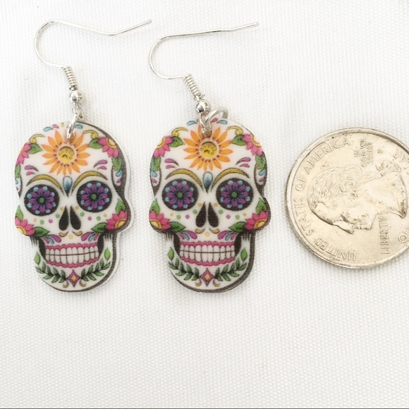 Sugar Skull Multi Color Pierced Earnings NWT - Picture 3 of 6